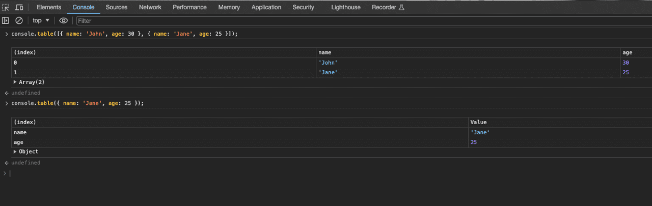 JavaScript console.table