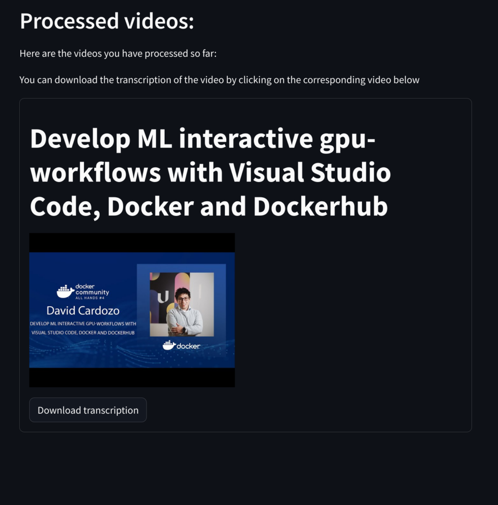 屏幕截图显示大卫·卡尔多佐关于“如何使用Visual Studio Code、Docker和Docker Hub开发ML交互GPU工作流程”的视频的处理内容示例，带有“下载转录字幕”选项
