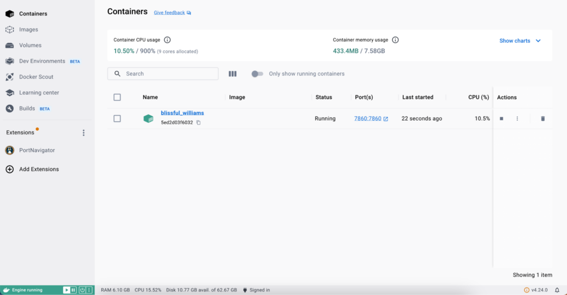 显示Docker Desktop中容器视图的截图。