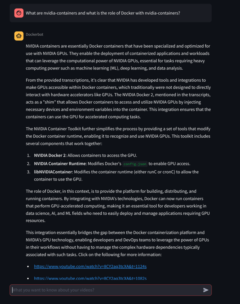 用户向Dockerbot询问有关NVIDIA容器的问题，Dockerbot以视频中特定时间戳的链接作出回应的屏幕截图